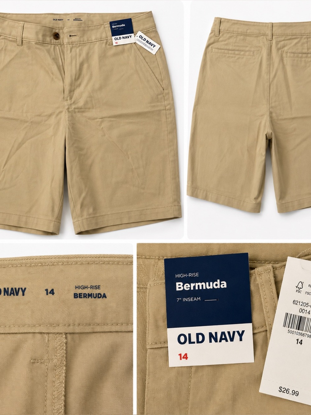 NWT Old Navy High Rise Bermuda Shorts Khaki Size 14 7” Inseam
